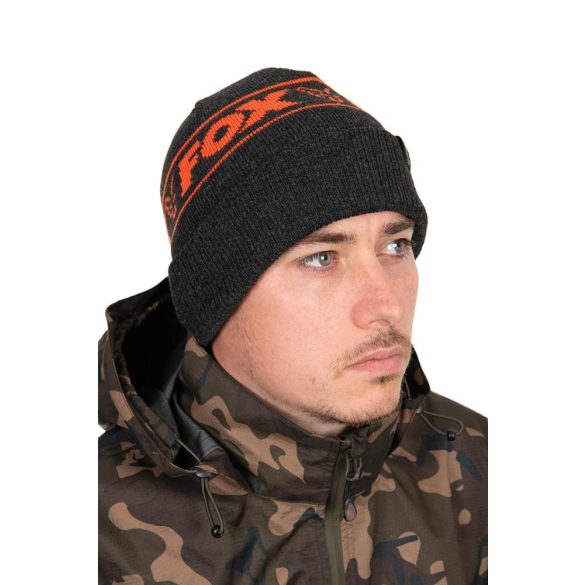 FOX COLLECTION BEANIE HAT - BLACK & ORANGE - fekete és narancs téli sapka