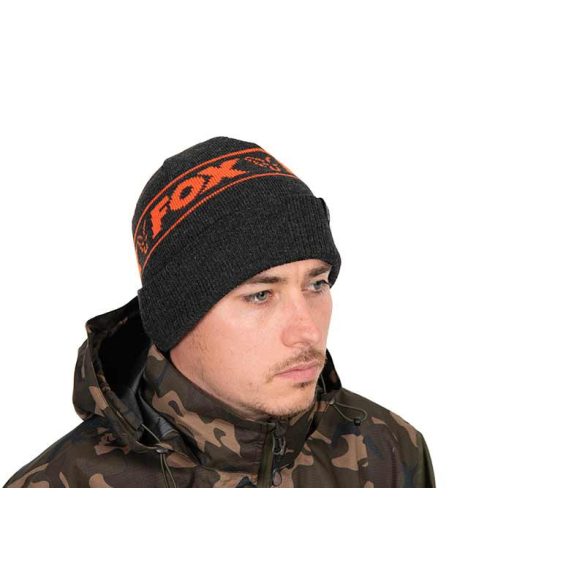 FOX COLLECTION BEANIE HAT - BLACK & ORANGE - fekete és narancs téli sapka